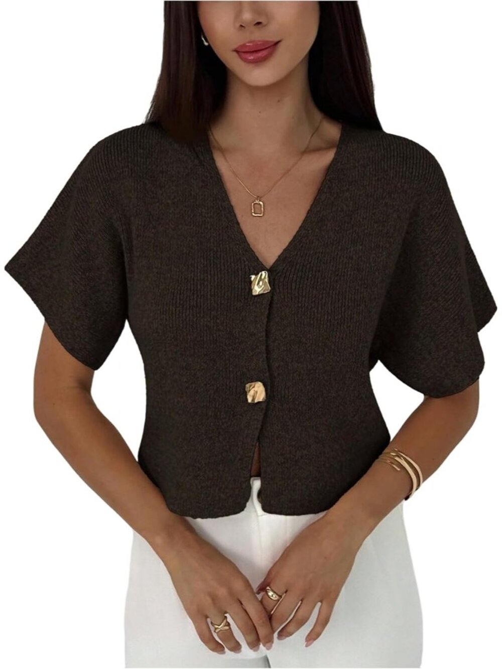 Women's Coffee Brown Short Sleeve V Neck Cardigan Button Down Knit Tops Sweater